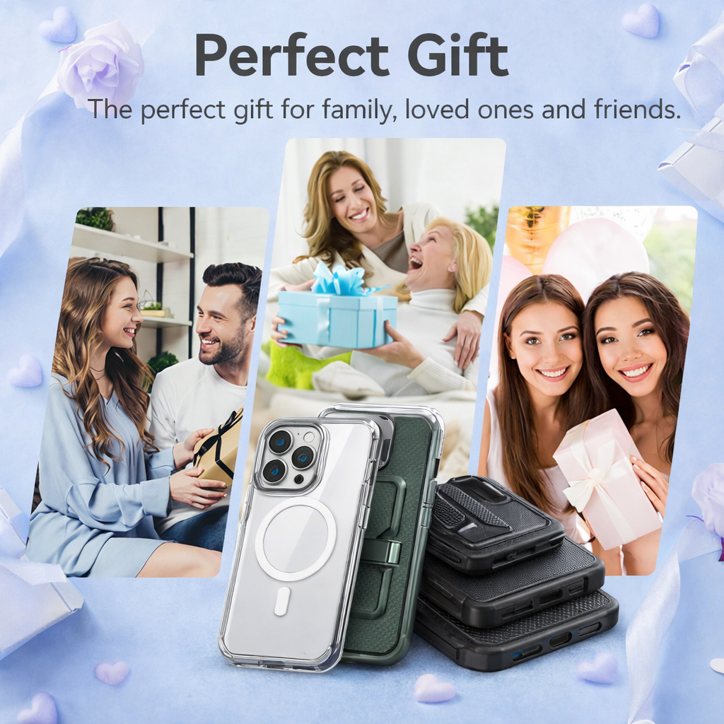 Phone case with lifestyle images of people and text 'Perfect Gift'.