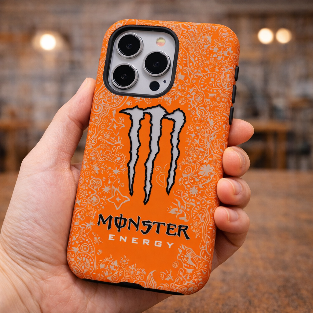 Orange phone case with Monster Energy logo held in a hand, blurred indoor background