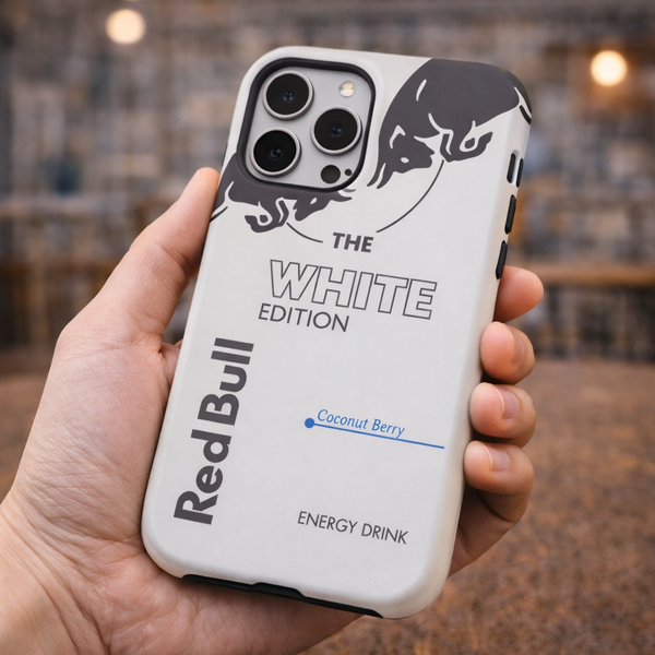 Phone case with Red Bull branding held in a hand against a blurred indoor background