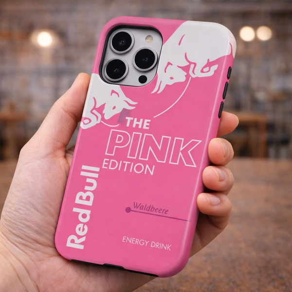 Pink Red Bull phone case held in a hand with a blurred background