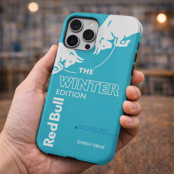 Blue phone case with Red Bull branding held in a hand