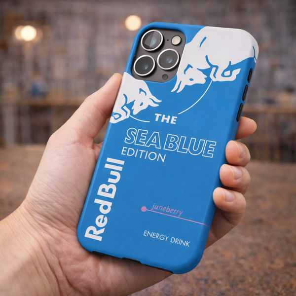 Blue phone case with Red Bull branding held in a hand, blurred indoor background
