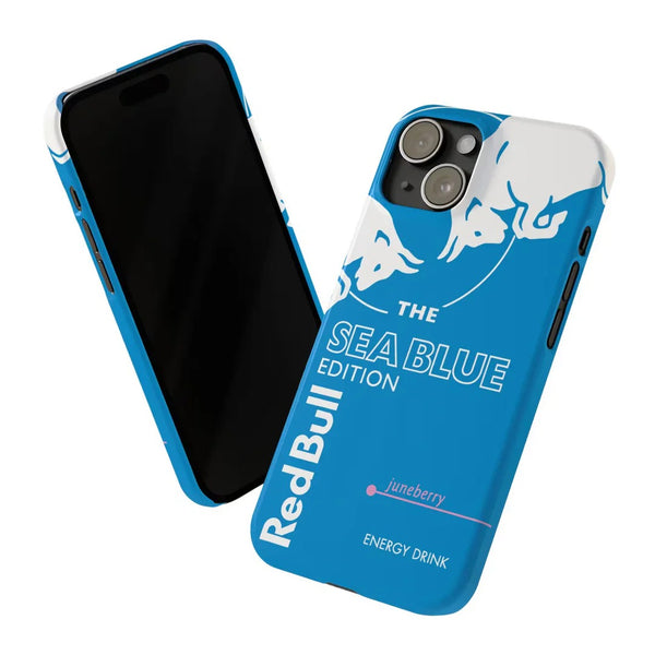 Blue phone case with Red Bull branding on a white background