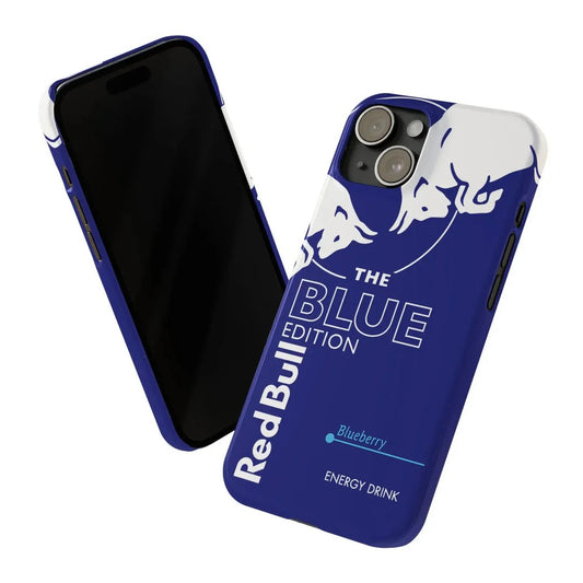 Blue Red Bull phone case with white bull logo on a white background