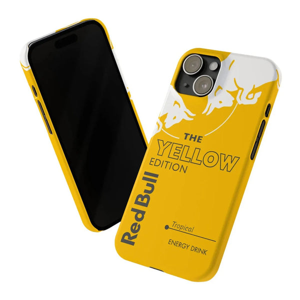 Yellow phone case with Red Bull branding on a white background