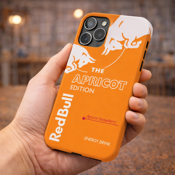 Orange Red Bull phone case with apricot edition design held in a hand.
