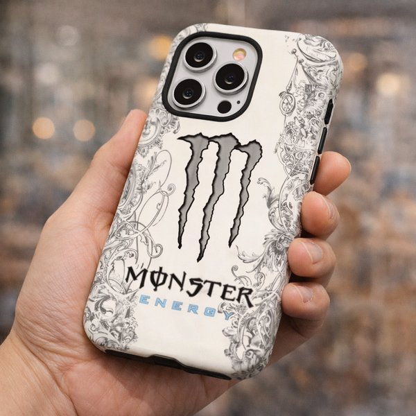 Phone case with Monster Energy logo held in a hand against a blurred background