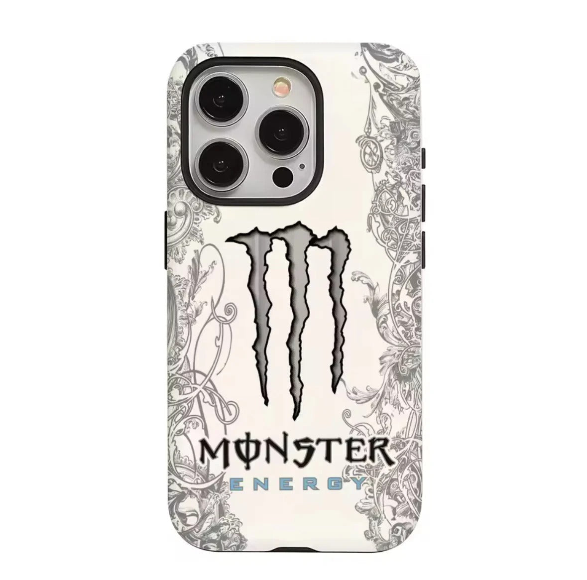 Phone case with Monster Energy logo and decorative patterns on a white background