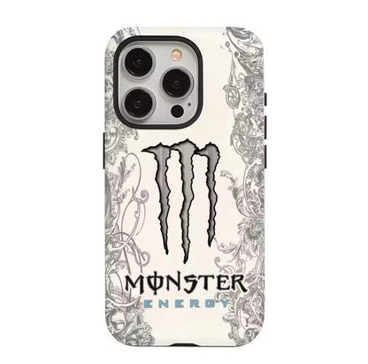 Phone case with Monster Energy logo and decorative patterns on a white background