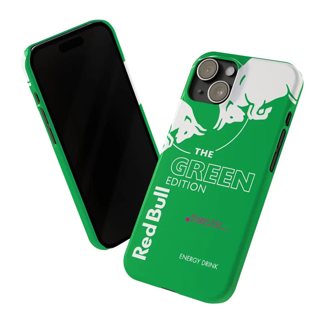 Green phone case with Red Bull branding on a white background