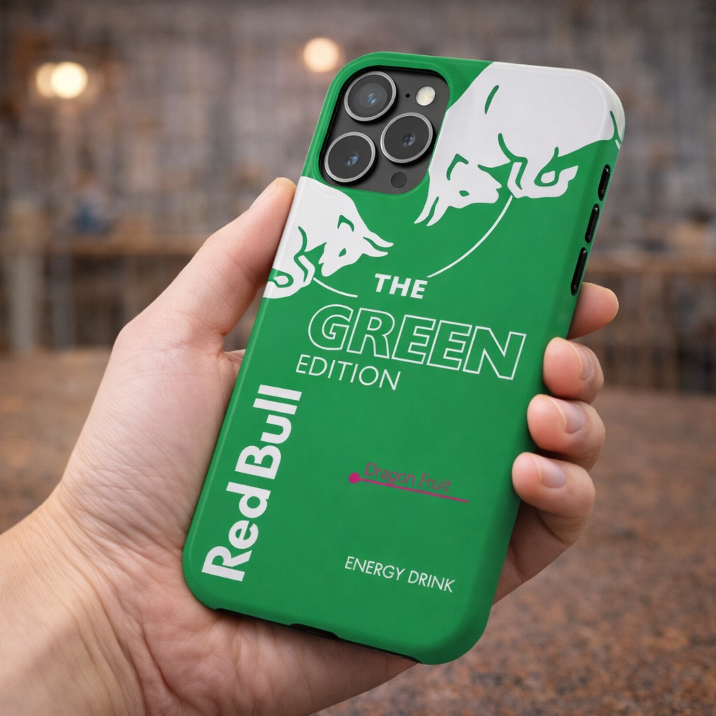 Green phone case with Red Bull branding held by a hand in an indoor setting