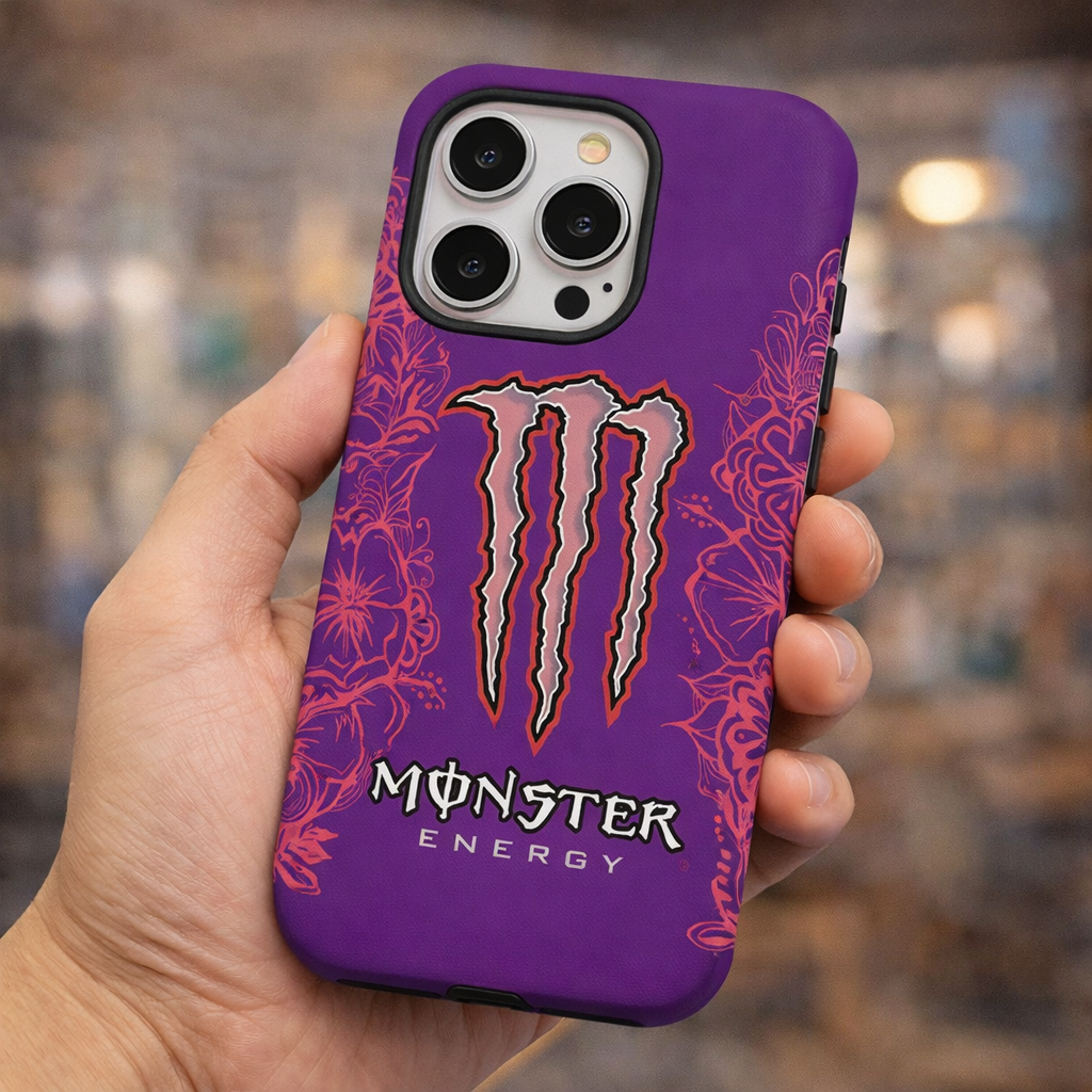 Purple phone case with Monster Energy logo held by a hand against a blurred background