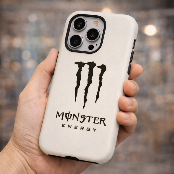 Phone case with Monster Energy logo held in a hand against a blurred background
