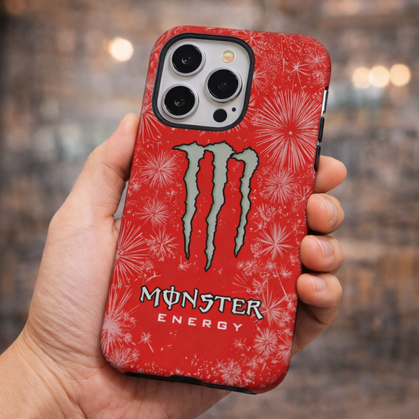 Red phone case with Monster Energy logo held by a hand against a blurred background