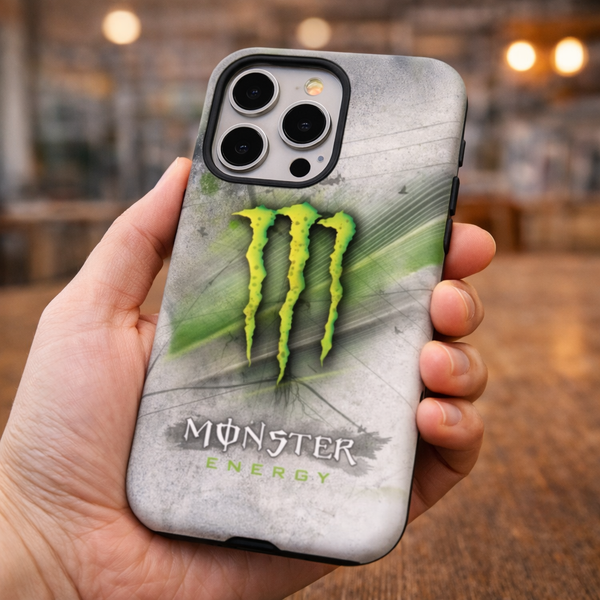 Hand holding a phone case with Monster Energy logo
